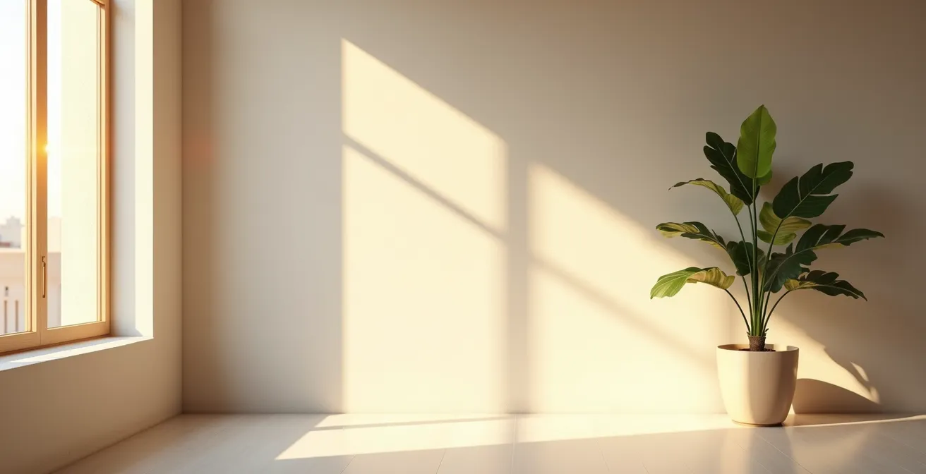 Photographie d'ambiance montrant une lumière naturelle douce filtrant à travers une fenêtre dans un espace minimal et apaisant
